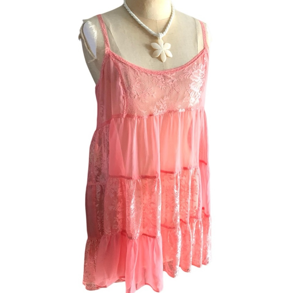 Free People Intimately tiered chiffon and lace pink babydoll slip dress- XS - Picture 4 of 11